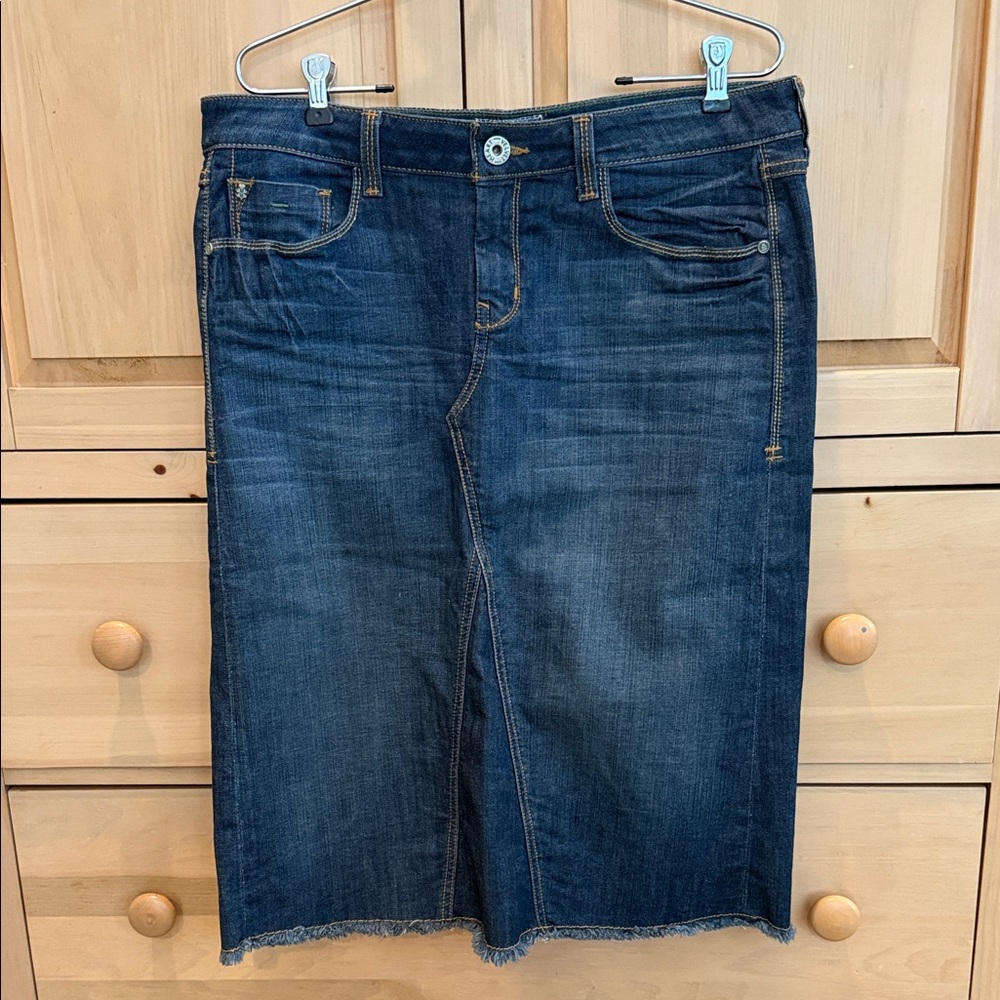 Velvet Heart Denim Midi Skirt with Frayed Hem
